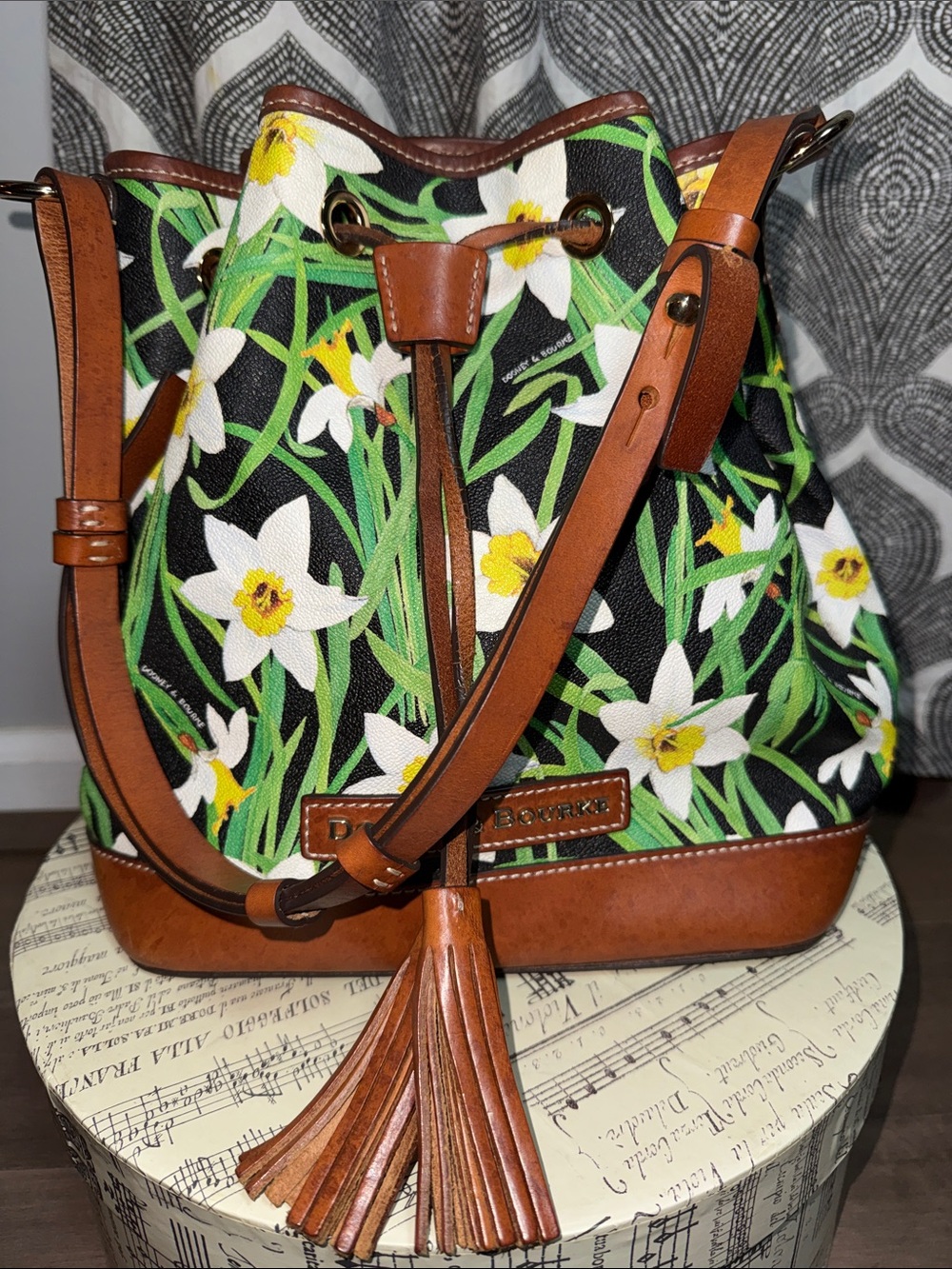 Dooney & Bourke Black Floral Daffodil Bucket Bag Purse